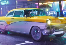 A yellow-and-lavender vintage sedan parked on a neon-lit city street in Grand Theft Auto VI.