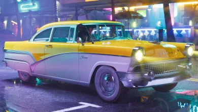 A yellow-and-lavender vintage sedan parked on a neon-lit city street in Grand Theft Auto VI.