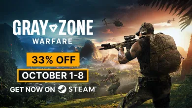 Gray Zone Warfare promotional artwork showing a soldier in a jungle combat scene with text advertising 33% off on Steam from October 1 to 8.