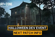 Gray Zone Warfare artwork showing a large house at night with text announcing a Halloween dev event and next patch information.