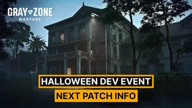 Gray Zone Warfare artwork showing a large house at night with text announcing a Halloween dev event and next patch information.