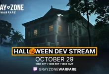 A moonlit house appears behind the Gray Zone Warfare Halloween Dev Stream announcement for October 29.