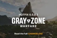 A large radar dish rises above a forested valley beneath the Gray Zone Warfare logo and Hotfix 0.5.0.2 title.
