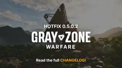 A large radar dish rises above a forested valley beneath the Gray Zone Warfare logo and Hotfix 0.5.0.2 title.