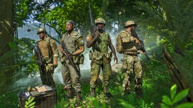 Four Gray Zone Warfare operators stand with rifles beside equipment in a dense jungle