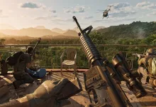 Two armed operators sit on a balcony with a rifle in the foreground as a helicopter passes overhead.