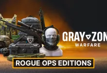 Gray Zone Warfare logo beside a masked operator and tactical gear, with a Rogue Ops Editions banner.