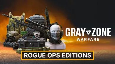 Gray Zone Warfare logo beside a masked operator and tactical gear, with a Rogue Ops Editions banner.