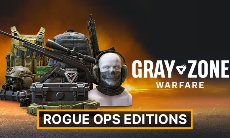Gray Zone Warfare logo beside a masked operator and tactical gear, with a Rogue Ops Editions banner.