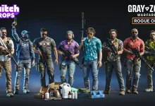 A lineup of Gray Zone Warfare operators with reward supplies for the Rogue Ops Twitch Drops campaign.