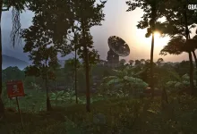 A jungle area in Gray Zone Warfare with a large satellite dish among the trees