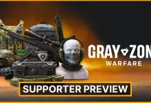 Gray Zone Warfare logo and Supporter Preview title beside tactical gear and a masked operator.