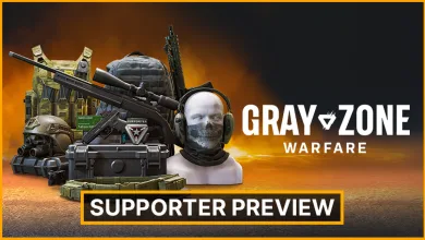 Gray Zone Warfare logo and Supporter Preview title beside tactical gear and a masked operator.