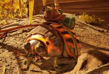 A character rides a large orange-and-black beetle buggy in Grounded 2.