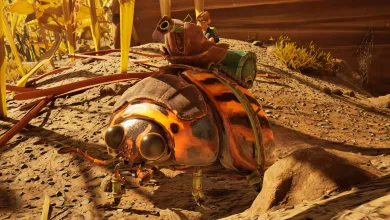 A character rides a large orange-and-black beetle buggy in Grounded 2.