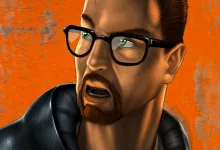Illustrated close-up of Gordon Freeman wearing glasses against an orange background