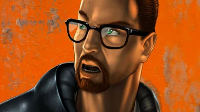 Illustrated close-up of Gordon Freeman wearing glasses against an orange background