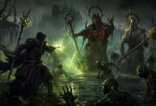 A hooded hero channels green magic toward robed figures and undead enemies in a dark swamp.