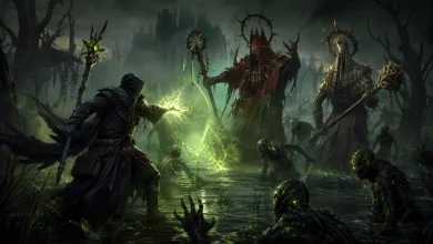 A hooded hero channels green magic toward robed figures and undead enemies in a dark swamp.