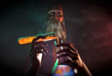 A bearded figure holds a glowing item against a dark background in Halls of Torment artwork.