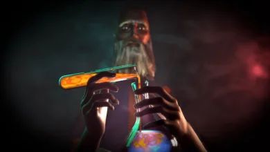 A bearded figure holds a glowing item against a dark background in Halls of Torment artwork.