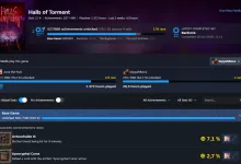Steam achievement page for Halls of Torment showing achievement sets, unlock progress, and completed achievements.