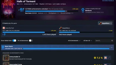 Steam achievement page for Halls of Torment showing achievement sets, unlock progress, and completed achievements.