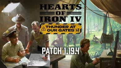 Hearts of Iron IV 1.19.4 patch artwork showing people gathered around a map and planning table.