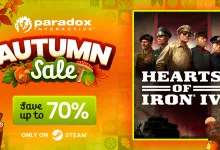 Promotional artwork for a Steam autumn sale showing Hearts of Iron IV game art beside a save up to 70% message.
