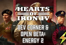 Hearts of Iron IV leaders and a tank beneath “Dev Corner & Open Beta: Energy 2”.