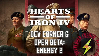 Hearts of Iron IV leaders and a tank beneath “Dev Corner & Open Beta: Energy 2”.