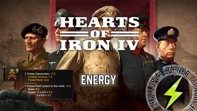 Hearts of Iron IV artwork showing the proposed Energy system, including a Power Plant tooltip and an energy icon