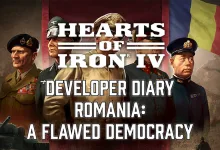 Four military figures and a tank beneath the Romanian flag in Hearts of Iron IV developer diary artwork.