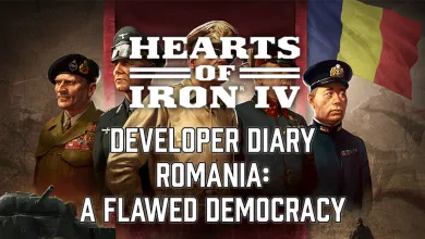 Four military figures and a tank beneath the Romanian flag in Hearts of Iron IV developer diary artwork.