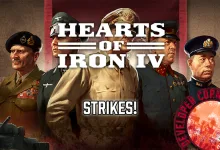 Hearts of Iron IV artwork showing military leaders, a tank, and the heading “Strikes!”