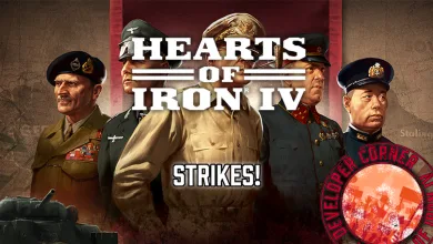 Hearts of Iron IV artwork showing military leaders, a tank, and the heading “Strikes!”