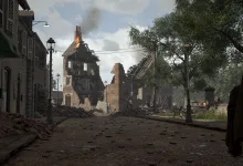 A ruined village street in Hell Let Loose, with damaged buildings and trees.