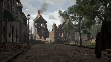 A ruined village street in Hell Let Loose, with damaged buildings and trees.