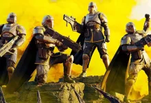 Four armored Helldivers pose with weapons against a bright yellow background.