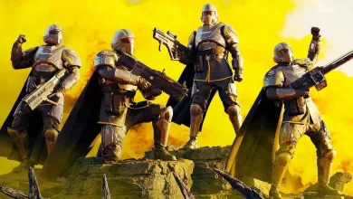 Four armored Helldivers pose with weapons against a bright yellow background.