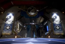 Helldivers stand beneath a flag between Liberty Day banners inside a ship.