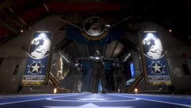 Helldivers stand beneath a flag between Liberty Day banners inside a ship.