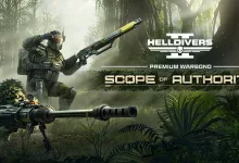 A camouflaged Helldiver holds a rifle in a jungle scene, with another long firearm in the foreground.