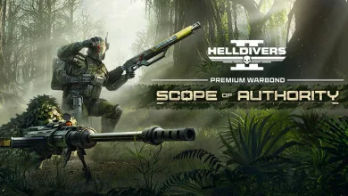 A camouflaged Helldiver holds a rifle in a jungle scene, with another long firearm in the foreground.