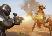 A Helldivers 2 soldier aims a weapon at a large alien bug in a dusty landscape.