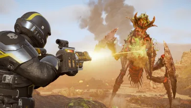 A Helldivers 2 soldier aims a weapon at a large alien bug in a dusty landscape.