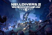 Helldivers 2 soldiers fight alien creatures on a blue-lit battlefield beneath the game logo.