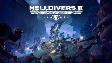 Helldivers 2 soldiers fight alien creatures on a blue-lit battlefield beneath the game logo.