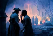 Two men speak in a smoky, fire-lit village as figures move through the background.
