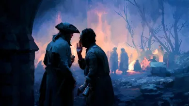 Two men speak in a smoky, fire-lit village as figures move through the background.